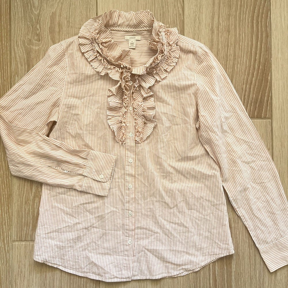 J. Crew Women’s Beige Striped Ruffle Button Down Shirt 100% Cotton Size 10